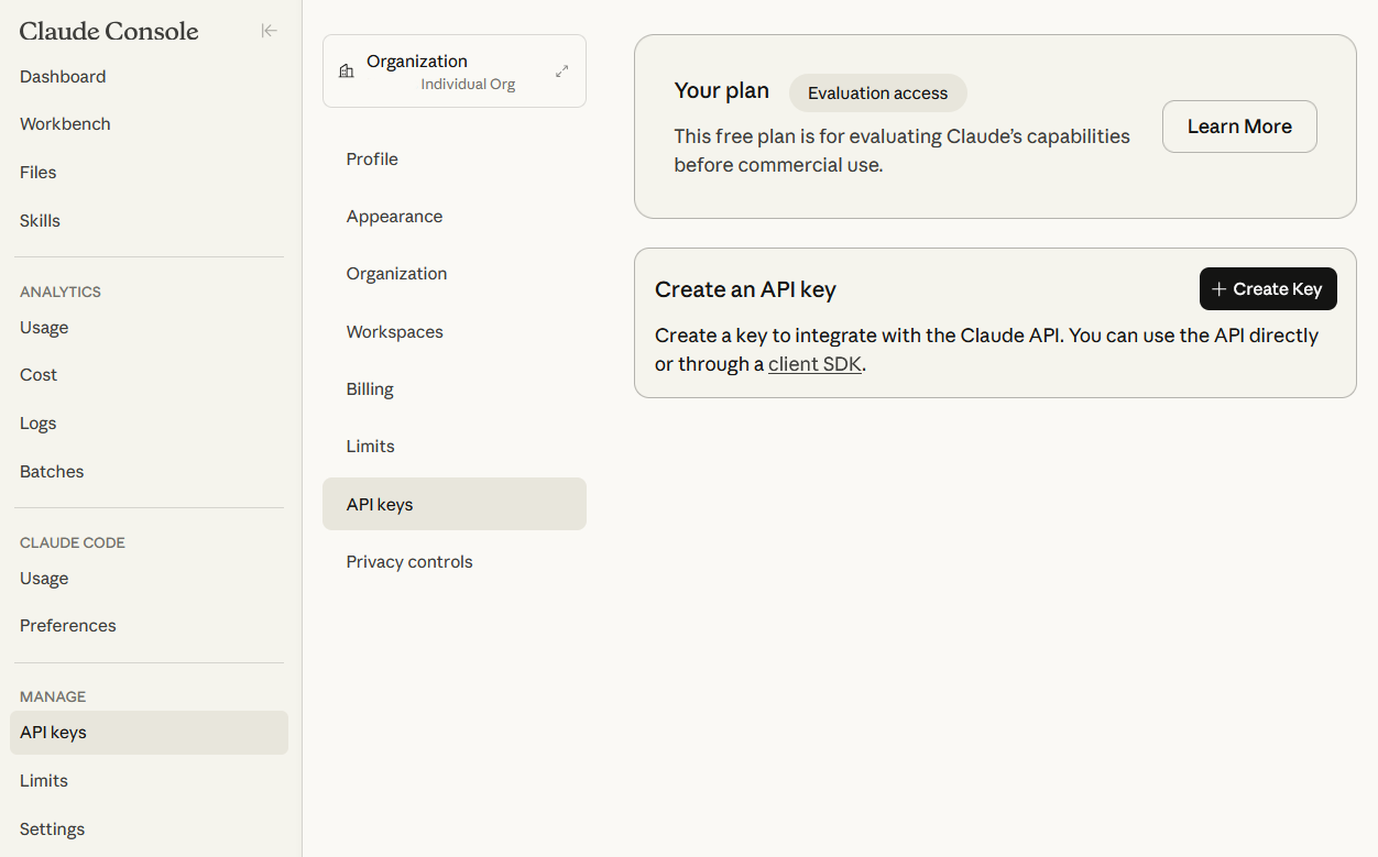 Anthropic API key creation screenshot